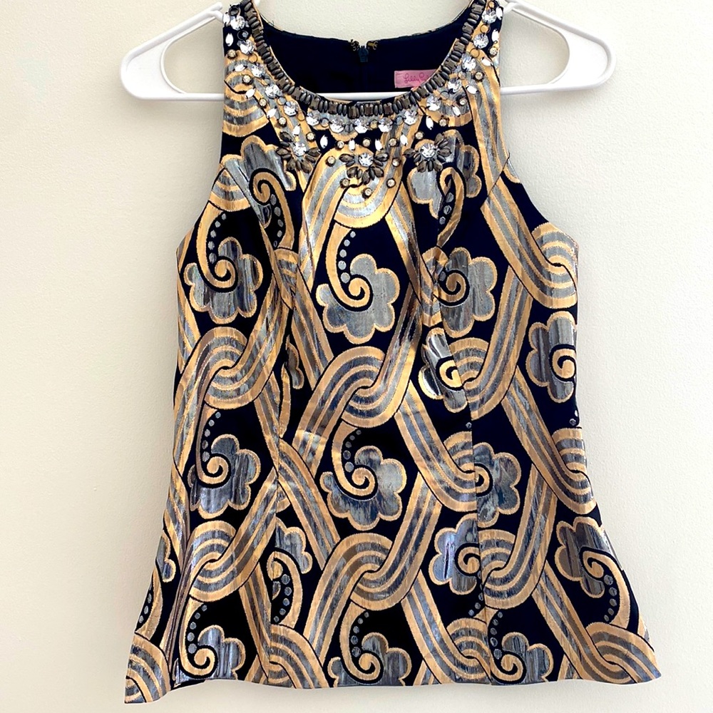 NWT Lilly Pulitzer Tropic Top Black Gold Silver Sleeveless size 0